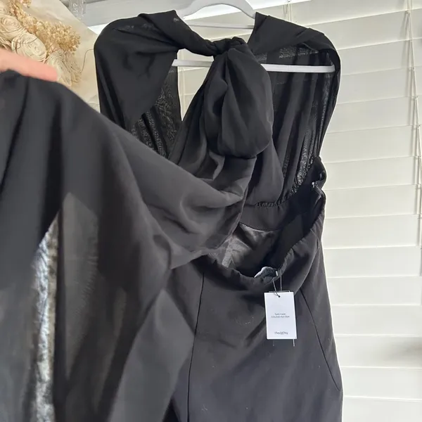 Pretty Little Thing Label Black Chiffon Bust Halter Bodycon Mini Dress Long Scarf Size 12 NWT - Image 5