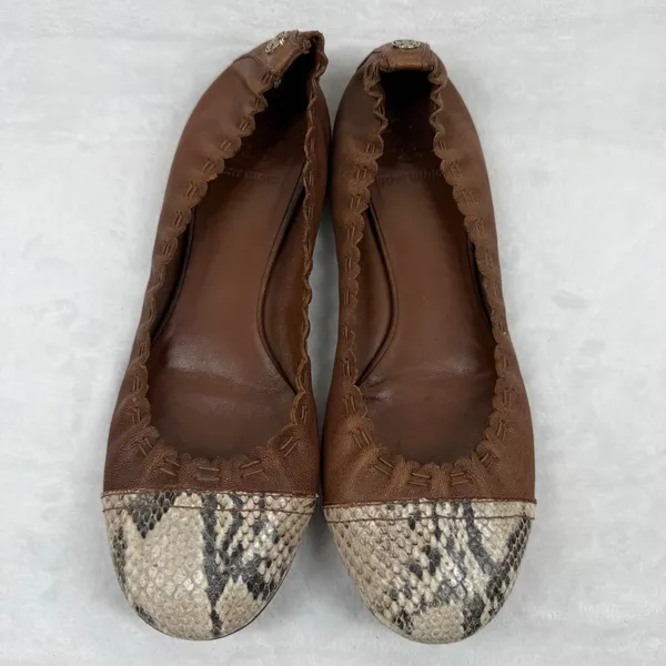 Tory Burch Leather Scalloped Ballet Flats‎ Snakeskin Cap Toe Logo 7.5 READ - Image 2