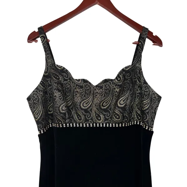 Vintage Betsy & Adam Dress 12 Black‎ Gold Velvet Formal Whimsygoth Paisley 90s - Image 3