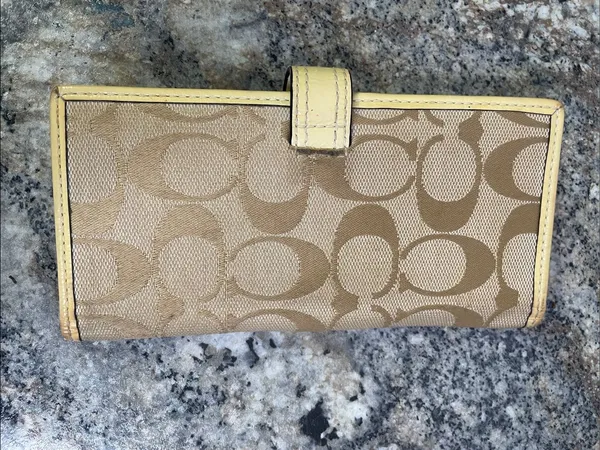 Coach Signature C Tan Clutch Wallet with Yellow Trim - Image 7