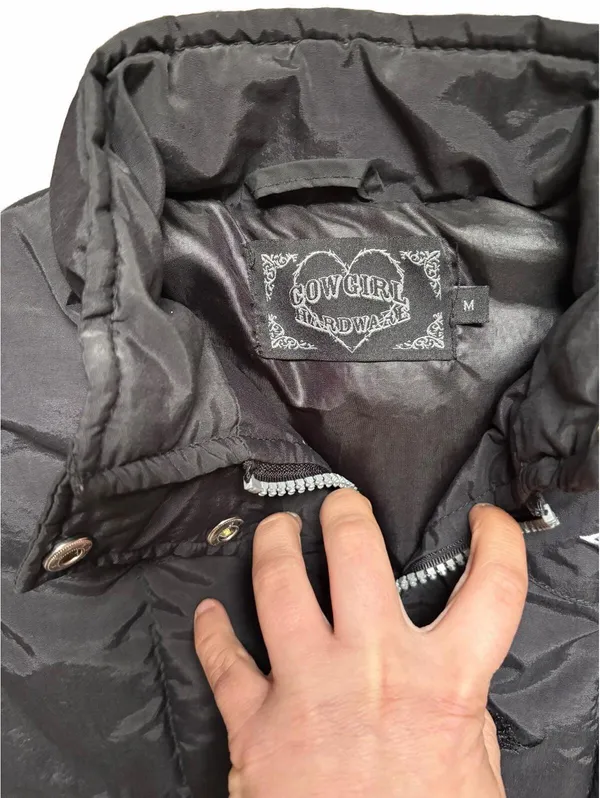 Y2K Cowgirl Hardware Black Puffer Vest Medium Rhinestone Cross Western Goth - Image 4