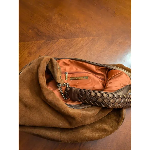 Donald Pliner Camel Suede/Metallic Cresent Studded Trim Hobo Purse - Image 12