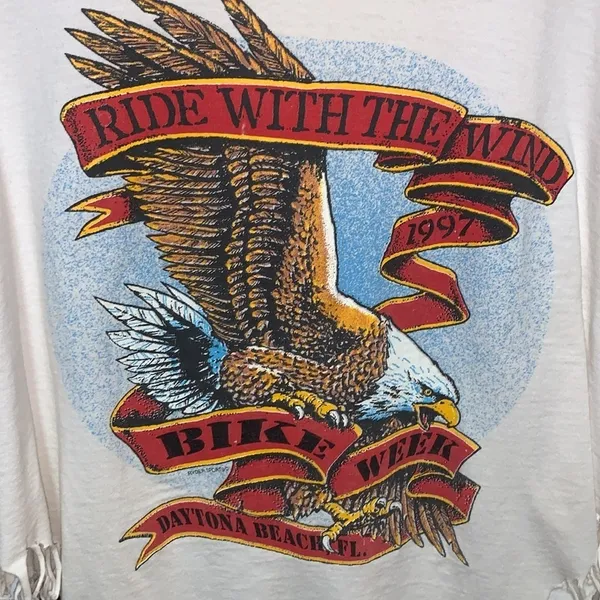 Rare Custom Fringe 1997 Daytona Bike Week Bald Eagle Vintage Cotton Tee Shirt - Image 2