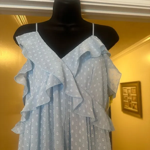 CHELSEA 28 Light Blue Ruffle Neck Spaghetti Strap MIDI Dress size Medium EUC - Image 9