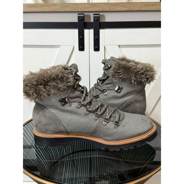 Report Women’s Size 10 Grey Combat Hiking Boots Faux Fur Collar Rhinestone Studs - Image 5