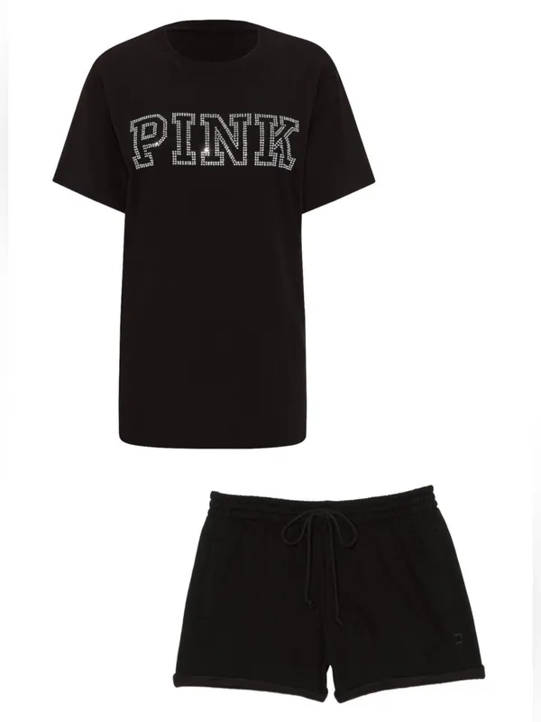 PINK Victoria's Secret Black Bling Diamanté Logo Campus Tee & Fleece Shorts L - Image 6