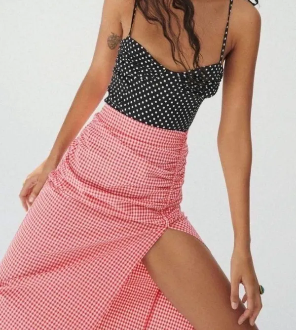 Zara Red Gingham Hi-Rise Midi Skirt Size Small - Image 3