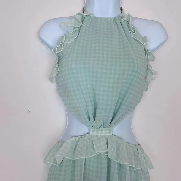 Bellevue Green Gingham Summer Gabby Halter Cutout Casual Dress Wedding Guest - Image 3