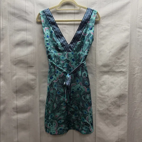 H&M Blue and Purple Peacock Print Deep V Belted Sleeveless Mini Dress - Image 6