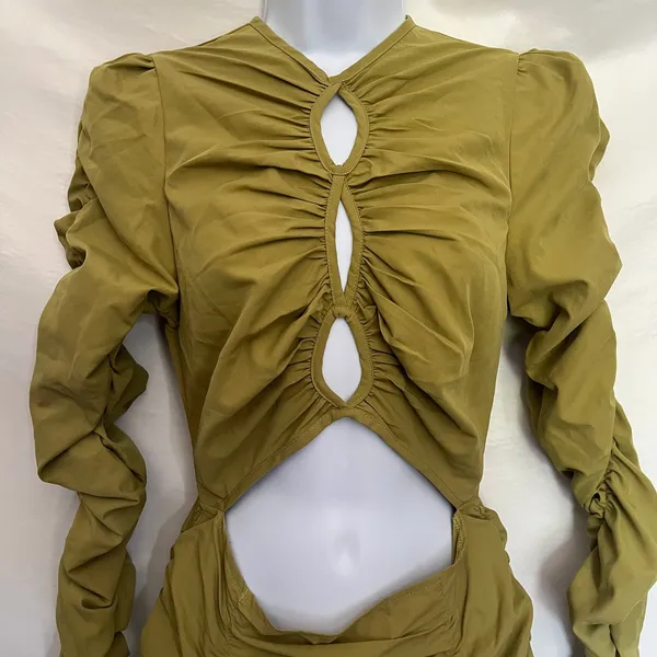 PrettyLittleThing Y2K CutOut Bodycon Dress Sz 4 Club Ruched Party Olive Indie - Image 3