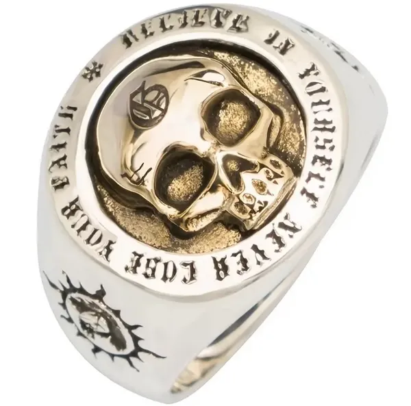 &merci Men’s Two Tone Stainless Steel Retro Skull Ring with Crossed Swords Size 14 - Image 2