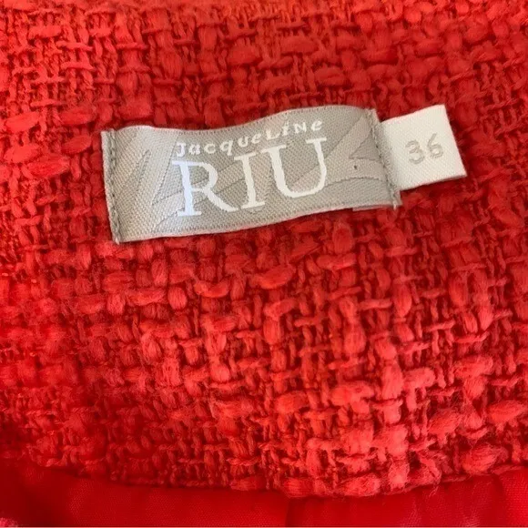 Jacqueline Riu‎ Red Boucle Double Breasted Jacket Blazer Frayed Trim Button 36 - Image 5