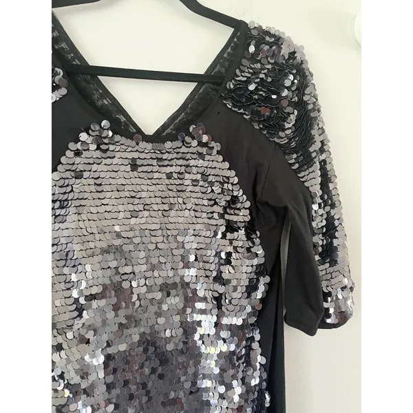Mac Duggal Black Sequined Bodycon Short Sleeve Mini Dress Size 6 - Image 3