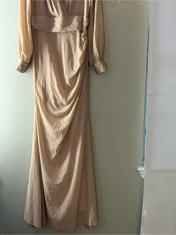 Faeriesty Champagne Ruched V Neck Long Sleeve Mermaid Formal Gown Size XL - Image 7