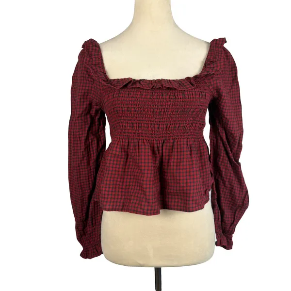 New American Eagle Long-Sleeve‎ Smocked Ruffle Plaid Top Red Gingham Women Small - Image 2
