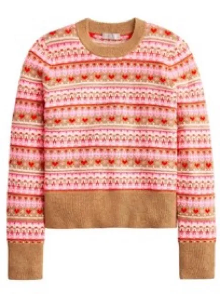 NWT J. Crew Shrunken Fair Isle Crewneck Sweater Lambswool Blend in Pink Brown M - Image 2