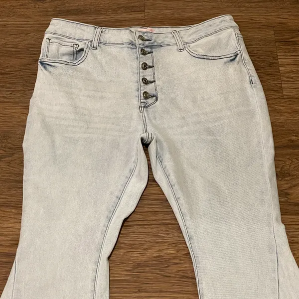 Raw Distressed Hem Flare Button Up Jeans Light Blue Size 31 - Image 2