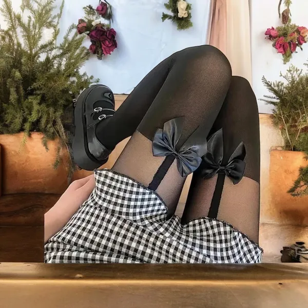 Cute Bow‎ Decor Tights Sweet College JK Style Thin Stretchy Pantyhose One Size - Image 5