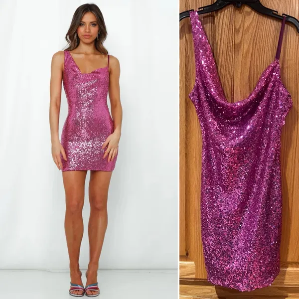 Hello Molly Citadel Skies Cowl Neck Deep Open Back Sequin Mini Dress Pink Size 2 - Image 2