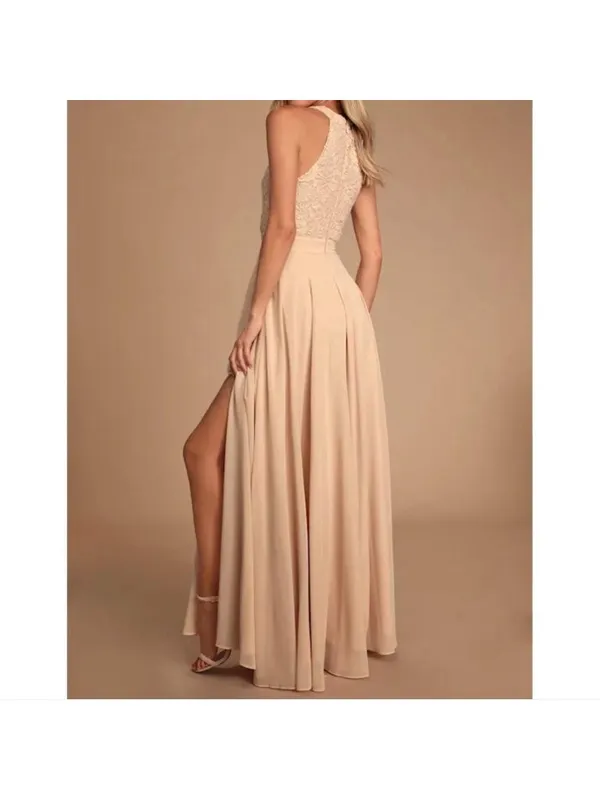 NWT Lulus Picture Perfect Blush Lace Halter Neck Side Slit Maxi Dress - Size: XL - Image 7