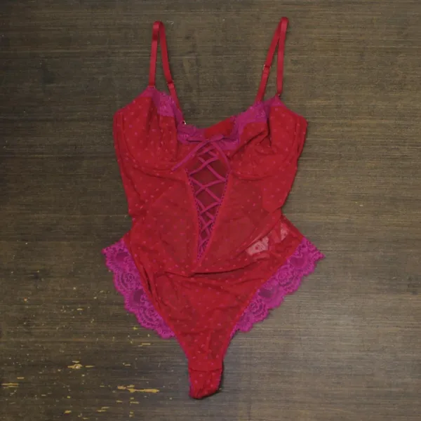NWT INC International Concepts Floral Mesh Thong Bodysuit Crimson Leaf Red L - Image 4