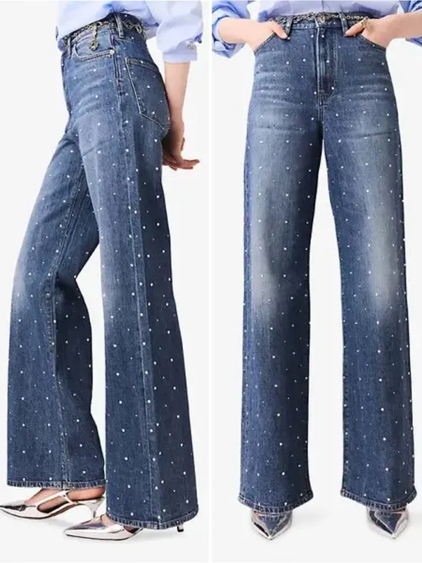 Maje Studded Wide Leg Jeans US Size 2 Medium Wash Blue High Rise Denim - Image 8