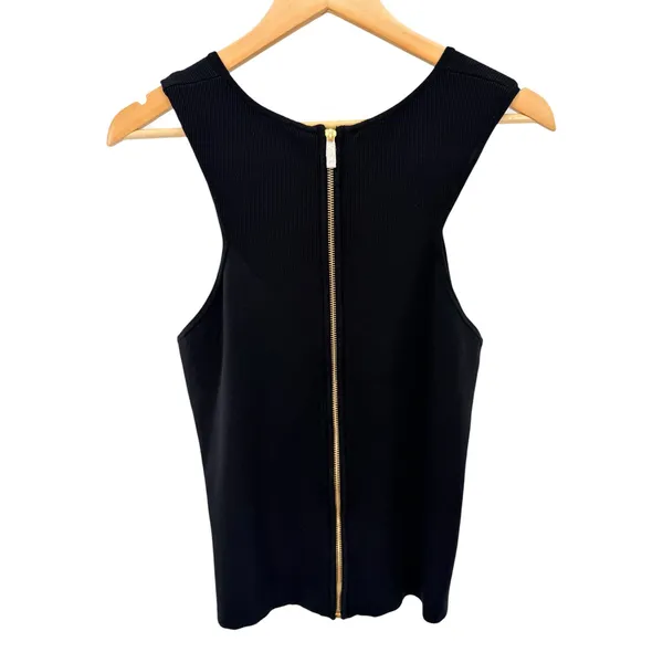 Milly Angled Rib Stretch Flare Shell Black‎ Sleeveless Zip Back Knit Top NWT L - Image 4