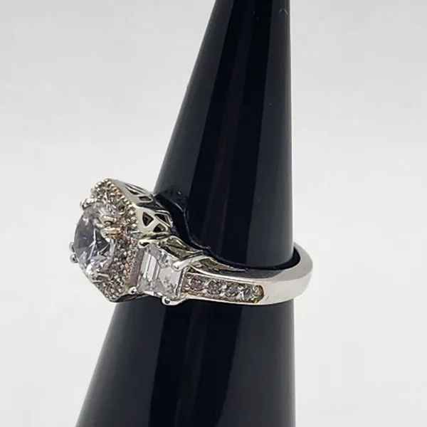Sterling Silver Round Cubic Zirconia Halo Art Deco Ring (5) - Image 8