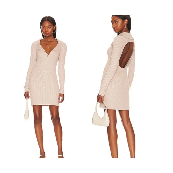 LPA Naolin Taupe Rib Knit Open Back Collared Bodycon Mini Dress‎ Size Medium - Image 2
