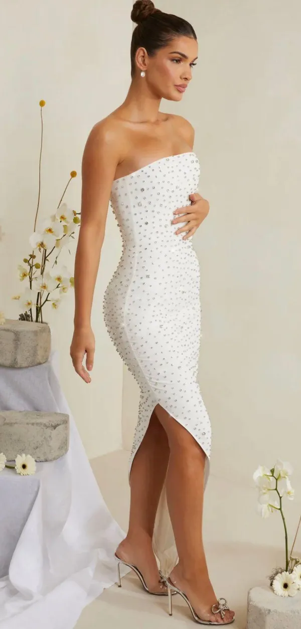 Oh Polly VIVICA Hand Embellished Asymmetric Midi Dress in White Bridal Dress - Image 7
