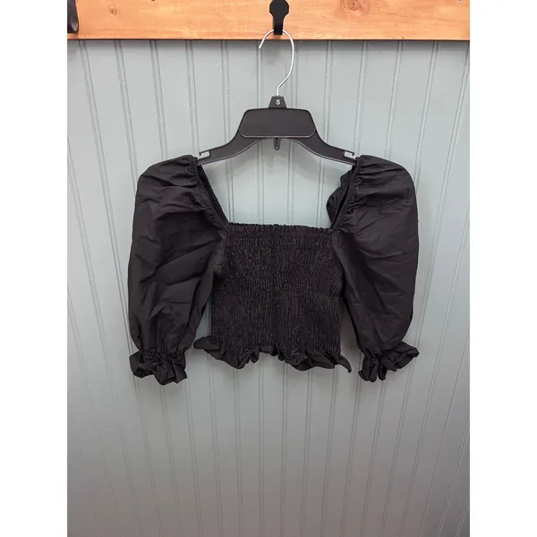 Zara Black Smocked Puff Sleeve Crop Top‎ Square Neck Ruffle Hem Women XS - Image 3