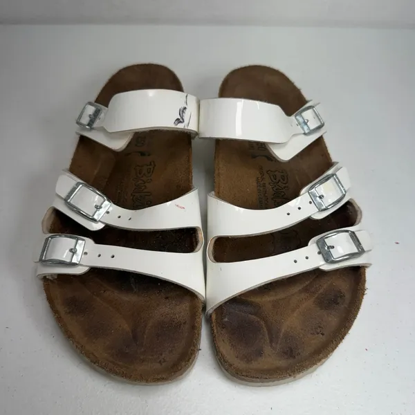 Birkenstock Birki's 39 L8 Sandals Florida Birko-Flor White Patent Triple Strap Slide Germany - Image 6