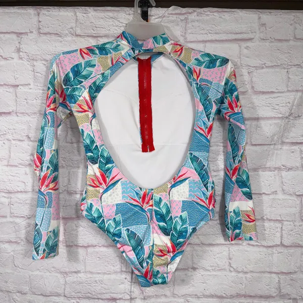Tropical Print Medium Long Sleeve One-Piece Swimsuit - Image 5