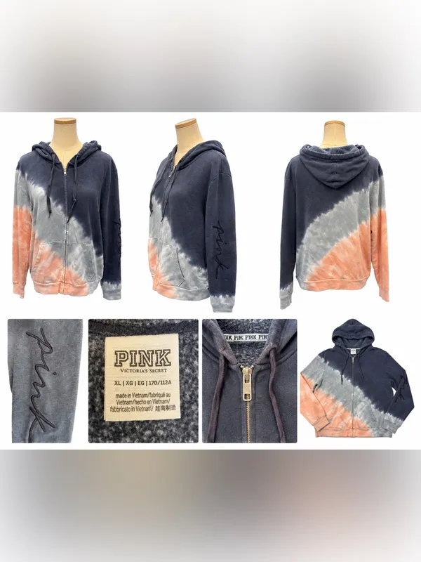 PINK Victoria’s Secret XL Tie-Dye Full Zip Hoodie Blue Peach Embroidered Sleeve - Image 6