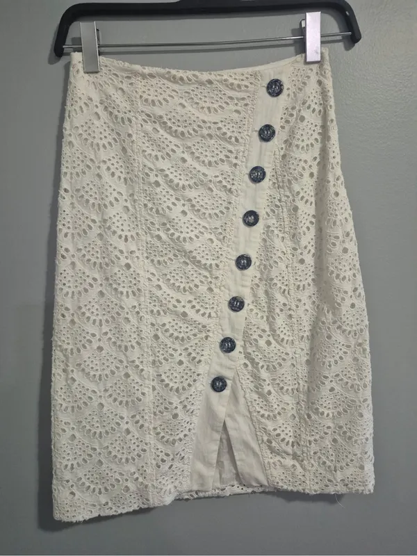 Tanya Taylor Cream Lace bohemian crochet Button-Front Women's midi Skirt size 2 - Image 4