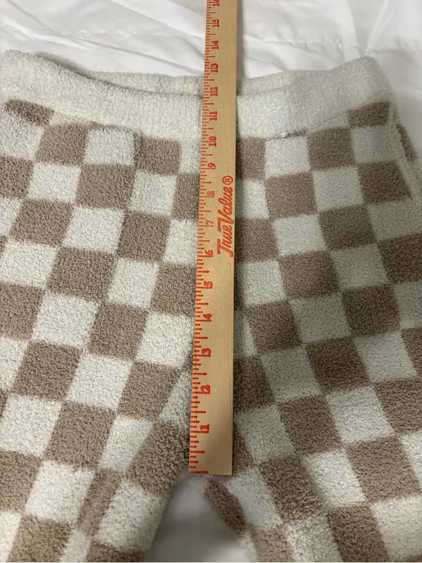 ComfyLuxe Plush Checkerboard Lounge Pants Soft Cozy M/L Beige Cream - Image 5