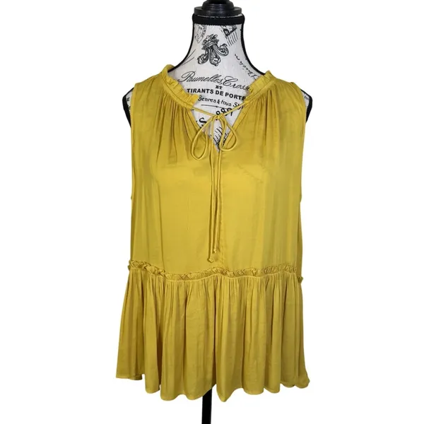 LOFT Women's Yellow Lace Up Tie Neck Sleeveless Peplum Blouse Top NWT Size Large - Image 2