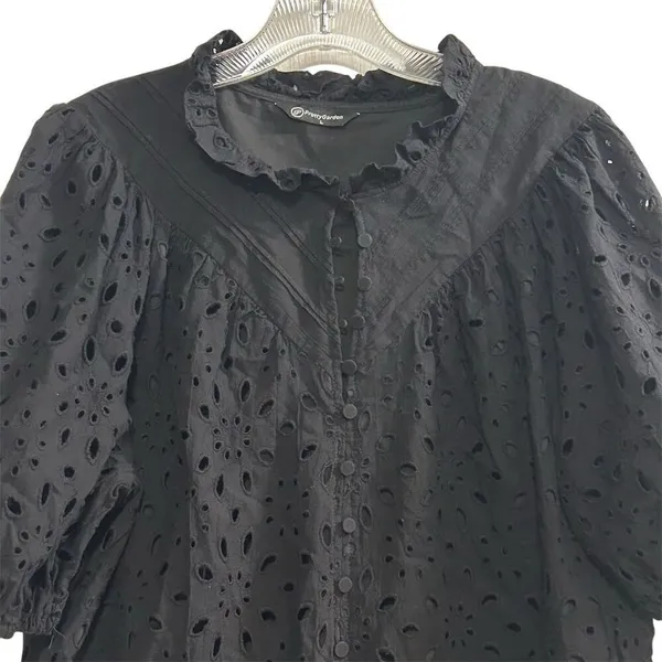 PrettyGarden‎ Women's Black Embroidered Blouse L Long Puff Sleeve - Image 2