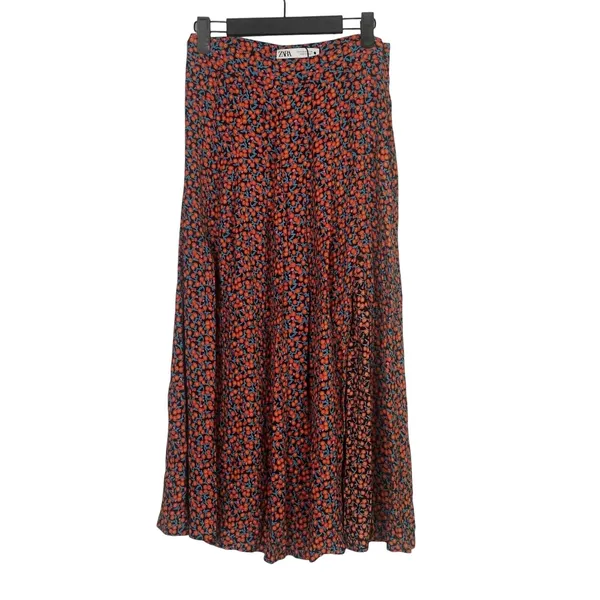 ZARA High Waisted Floral Flowy 2 Slits Preppy Midi Skirt Side Zip Up S Red Black - Image 5