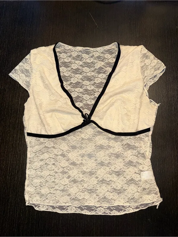 Urban Outfitters Ivory Lace Crop Top with Black Trim - Image 2