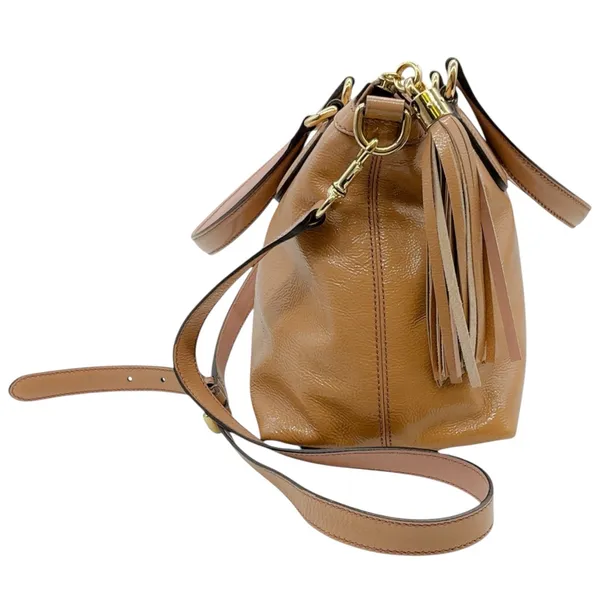 Gucci Soho Brown Tan Patent Leather 2 Way Satchel Crossbody handbag Bag Tassel - Image 6