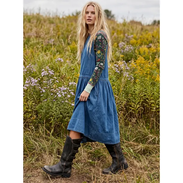 Free People XL Retro 90s Soraya Light Denim Sky Drop Waist Midi Jumper Dress - Image 10
