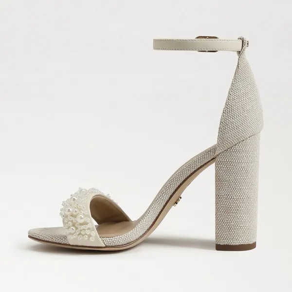 NEW Sam Edelman Sz‎ 8Yaro Perla Open Toe Silk Tweed 4” Dazzling Heels Tan - Image 4