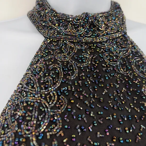 Y2K Beaded Halter Prom Dress Sz 0 Open Back Glam Vampy Gala Formal Full Length - Image 4