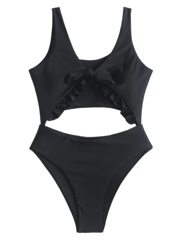 Zaful Tie Front Cutout One Piece Swimsuit - Image 3