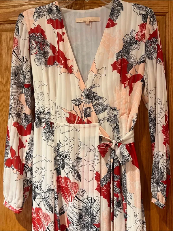 Anthropologie Hutch Giselle Floral Chiffon‎ Wrap Maxi Dress Red Jardin Sz Medium - Image 9