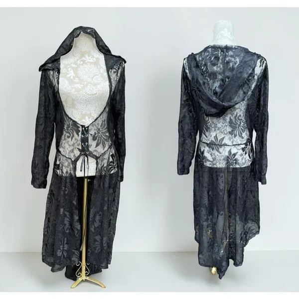 Whimsigoth Witchy Goth Hooded Sheer Lace Maxi Duster Cardigan Black Victorian M - Image 3