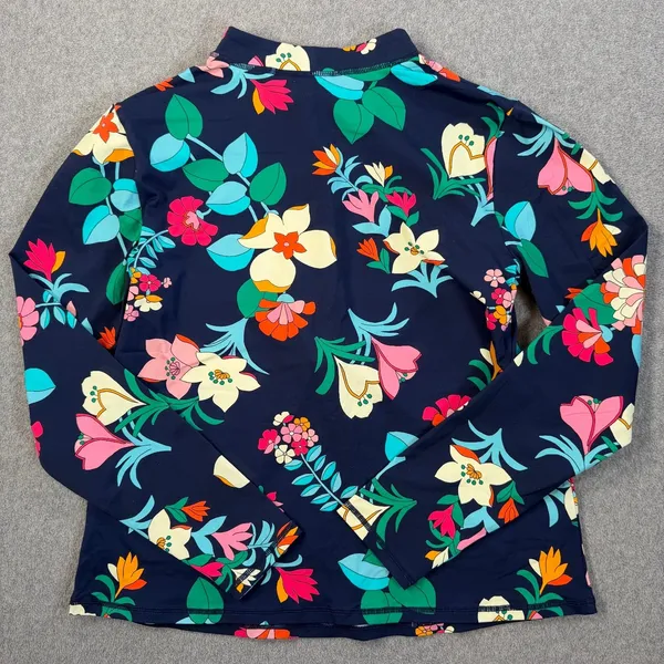 LOFT Women's Large Navy Blue Floral Long Sleeve 1/4 Zip Rash Guard Swim Top - Image 8