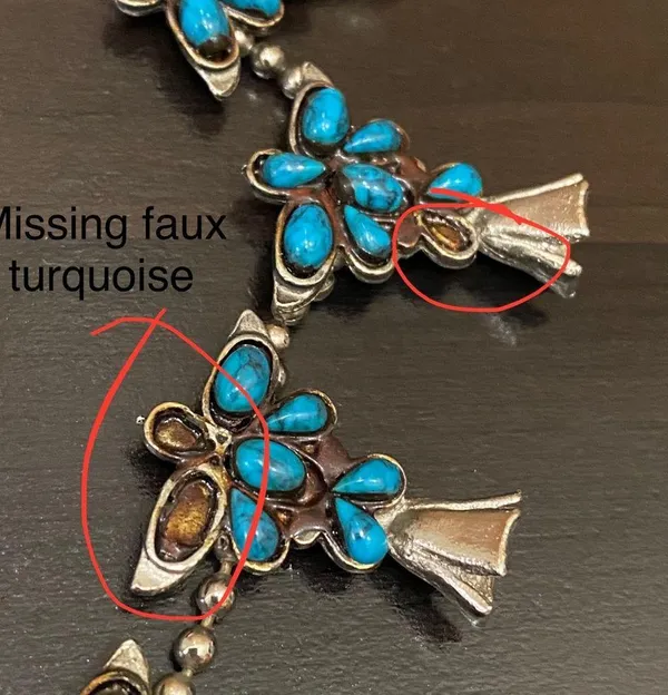 Vintage Kachina Mask Faux Turquoise Southwestern Style Squash Blossom Necklace - Image 13