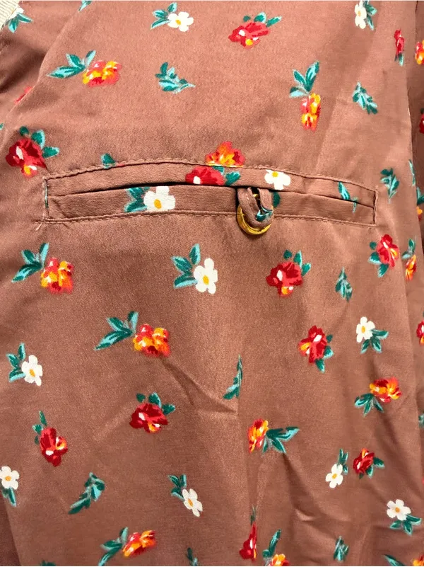 Women’s 1X Floral Blouse Top Brown Taupe Elastic Waist Long Sleeve Roll Tab - Image 2